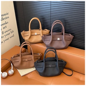 Litchi pattern leather bucket bags in khaki, brown and black with metal buckle detail