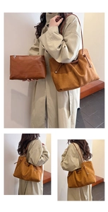 Macro detail of caramel suede tote with long straps and matching inner zip pouch