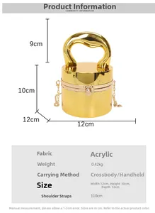 Gold acrylic cylinder evening bag detail with 12x10x12cm dimensions and chain strap
