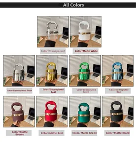 Detailed grid showing ten color variations of heart-handle acrylic cylinder evening bags