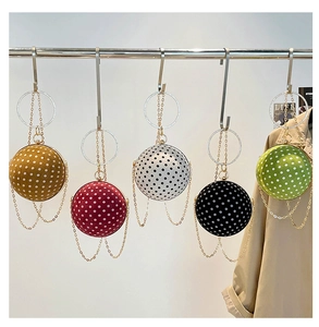 Close-up of luxury mini ball purses with polka dot suede finish and rhinestone handles