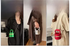 Three ways to wear this cylindrical acrylic bag in metallic green, silver, and red