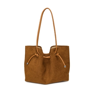 Retro faux suede drawstring tote bag for women featuring long leather shoulder straps