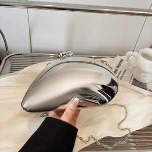 Silver mirror finish asymmetric evening clutch bag with metal chain strap for women