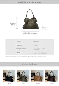 Detailed size specifications and color selection chart for large suede tote bag