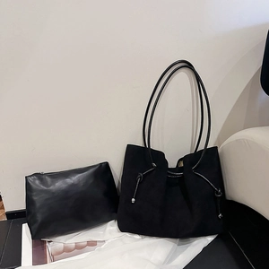 Retro black faux suede tote bag set with drawstring detail and matching pouch for women