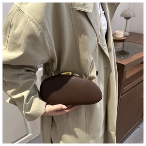 Detail of dark brown pebble bag with gold chain strap and dual-tone clasp on khaki coat