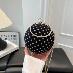 Polka dot spherical handbag with rhinestone ring handle and gold chain shoulder strap