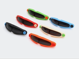 Detailed view of six colorful futuristic sports sunglasses for kids with matte frames