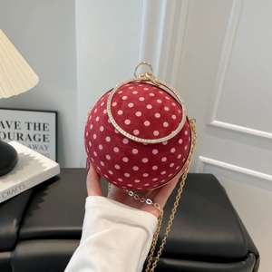 Red velvet polka dot spherical handbag with rhinestone ring handle and chain strap