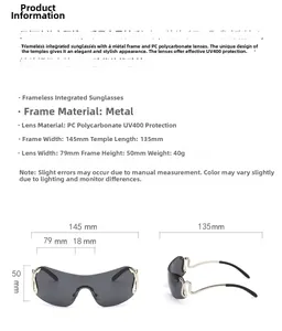 Detailed dimensions of rimless shield sunglasses with snake-like golden metal temples