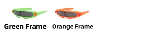 Detail view of green and orange futuristic kids cycling sunglasses with gear accents