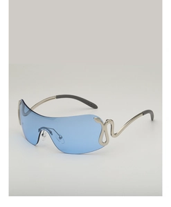 Close-up of silver metal snake hinge design on light blue rimless sunglasses frame
