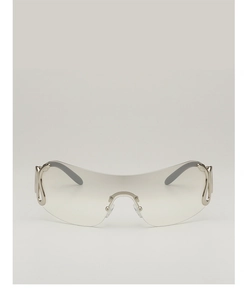 Detail of silver snake-shaped metallic temples on these futuristic rimless shield sunglasses