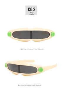 Detail view of cream futuristic kids sports sunglasses with green gear accents and dark lens