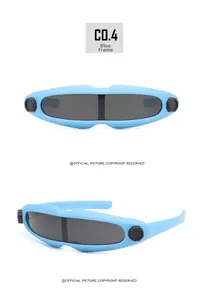 Detail of blue outdoor sports goggles showing side gear hinges and curved dark lenses