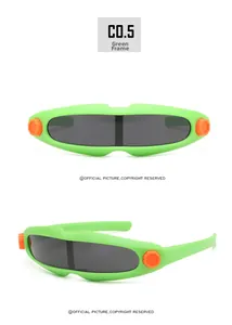 Detail view of futuristic green children's sports sunglasses with side orange knobs