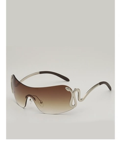Detail of silver snake-shaped temples and brown gradient lenses on shield sunglasses