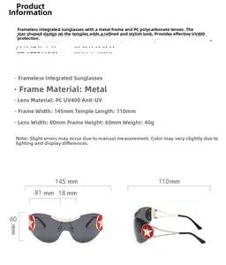 Detailed size specifications for oversized Y2K shield sunglasses with star decoration