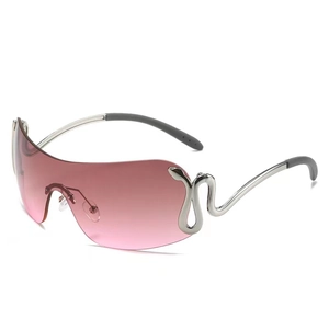 Pink gradient rimless sunglasses with silver snake metal temples on white background