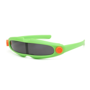 Futuristic kids sports sunglasses in neon green and orange with wrap-around lenses