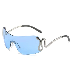 Frameless oversized sunglasses with blue lenses and silver snake-shaped metal temples
