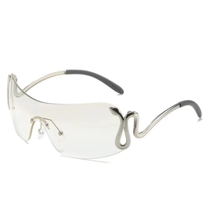 Fashion rimless wrap sun glasses with silver snake metal temples and gray lenses