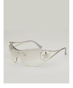 Detail of silver shield sunglasses featuring gradient lenses and star emblem on temple
