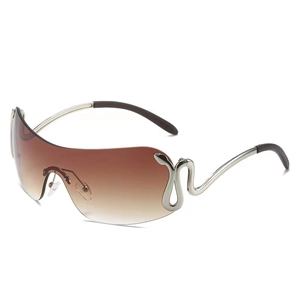 Frameless shield sunglasses with gradient brown lenses and silver snake design temples
