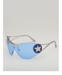 Detail of silver frame star emblem and blue lens on Y2K oversized wrap sunglasses