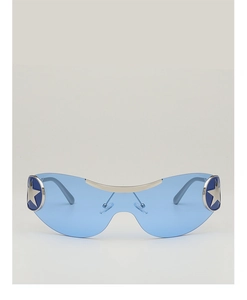 Detailed view of light blue Y2K pilot sunglasses with silver star logo and metal bridge