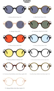 Présentation de lunettes de soleil rondes vintage en onze couleurs de monture et verres