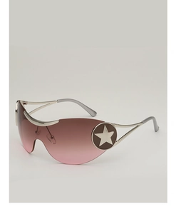Detail of pink gradient lenses and silver metal frame with a star emblem on the temple