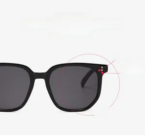 Macro detail of wide black frame sunglasses showing face-slimming contoured design