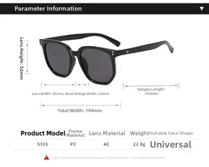 Detailed size chart showing dimensions for oversized rectangular frame sunglasses model 5335