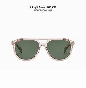 Macro detail of classic aviator sunglasses featuring light brown frames and G15 green lenses