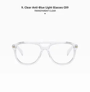 Detail of transparent clear aviator frame with gold metal hinges and anti-blue light lens