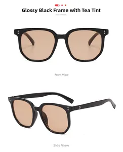 Detailed front and side views of oversized black sunglasses with brown tinted lenses