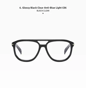 Detail view of glossy black aviator frame glasses with anti-blue light clear lenses