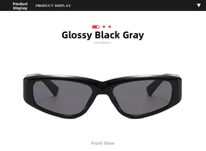 Front view of small frame cat eye sunglasses with glossy black frames and grey lenses