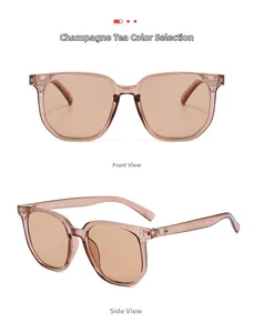Front and side view of champagne tea square sunglasses with transparent frames