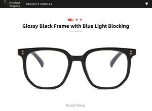 Front view of glossy black oversized frame glasses with vintage metal stud accents