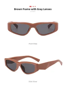 Front and side view of retro cat eye sunglasses with beige frames and gray lenses