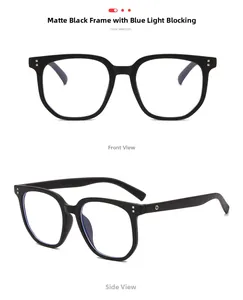 Detailed front and side views of matte black square anti-blue light glasses with rivets