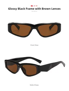 Detail view of retro small frame sunglasses with black frames and brown lenses