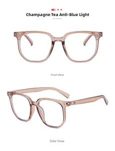 Detail view of champagne tea square frame anti-blue light glasses with decorative rivets