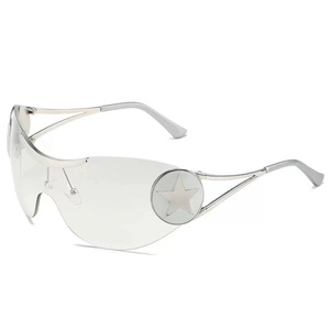Y2K oversized silver frame pilot sunglasses with star logo and wrap-around lens