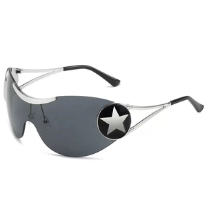 Futuristic silver Y2K pilot sunglasses with oversized grey lens and star detail