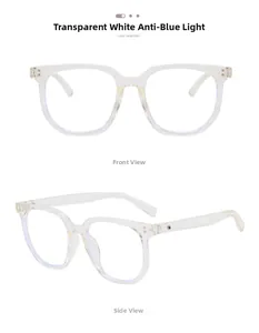 Detail view of transparent white square frame glasses with anti-blue light resin lenses