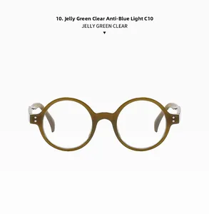 Détail de lunettes rondes vert gelée avec verres transparents anti-lumière bleue, C10